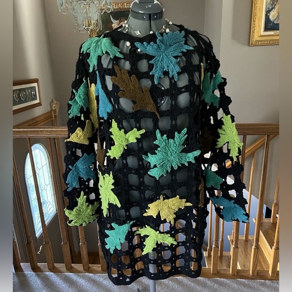 Michael Simon L XL XXL Open Knit Crochet Sweater Leaf Fall Leaves #2 - Picture 1 of 7